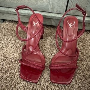 Red Strappy Square-Toe Heeled Sandals